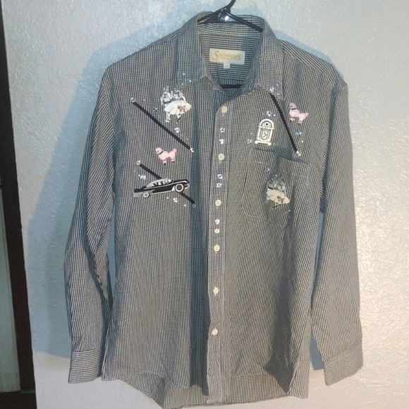 Vintage Poodle Girl Black and White Gingham Button Down Collar Top S - Picture 1 of 8